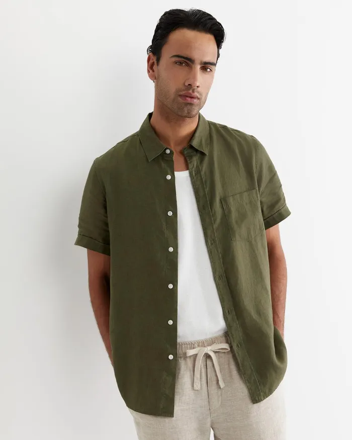 Men Sportscraft Shirts Short Sleeve Linen Shirt Khaki