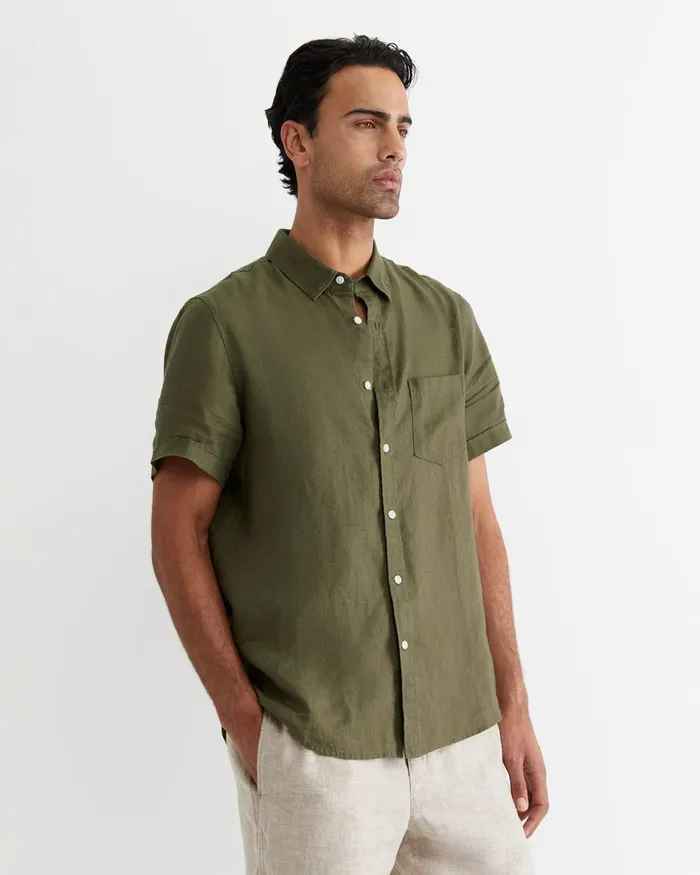 Men Sportscraft Shirts Short Sleeve Linen Shirt Khaki