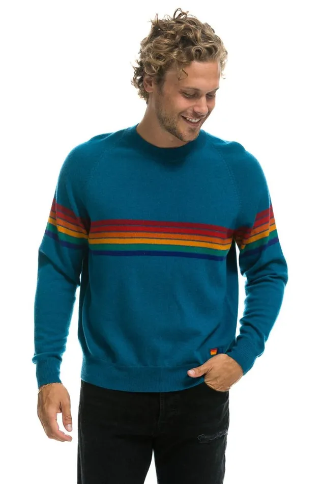 Men Sweatshirts Aviator Nation Rainbow Stripe 6 Unisex Light Cashmere Sweater 8211 Peacock