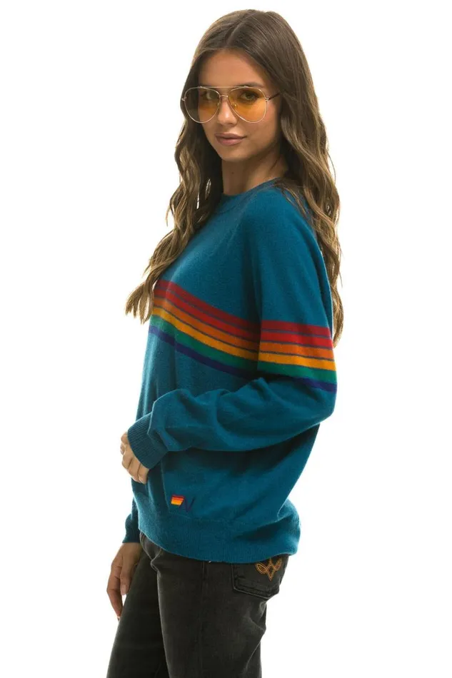Men Sweatshirts Aviator Nation Rainbow Stripe 6 Unisex Light Cashmere Sweater 8211 Peacock