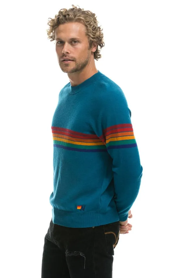 Men Sweatshirts Aviator Nation Rainbow Stripe 6 Unisex Light Cashmere Sweater 8211 Peacock