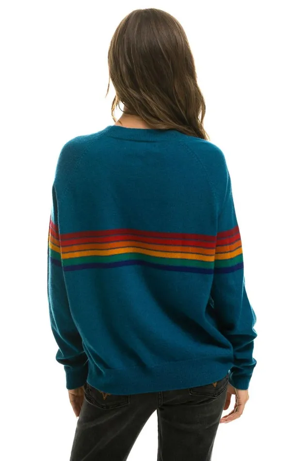 Men Sweatshirts Aviator Nation Rainbow Stripe 6 Unisex Light Cashmere Sweater 8211 Peacock