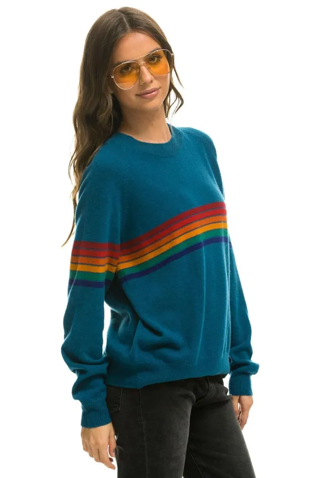Men Sweatshirts Aviator Nation Rainbow Stripe 6 Unisex Light Cashmere Sweater 8211 Peacock