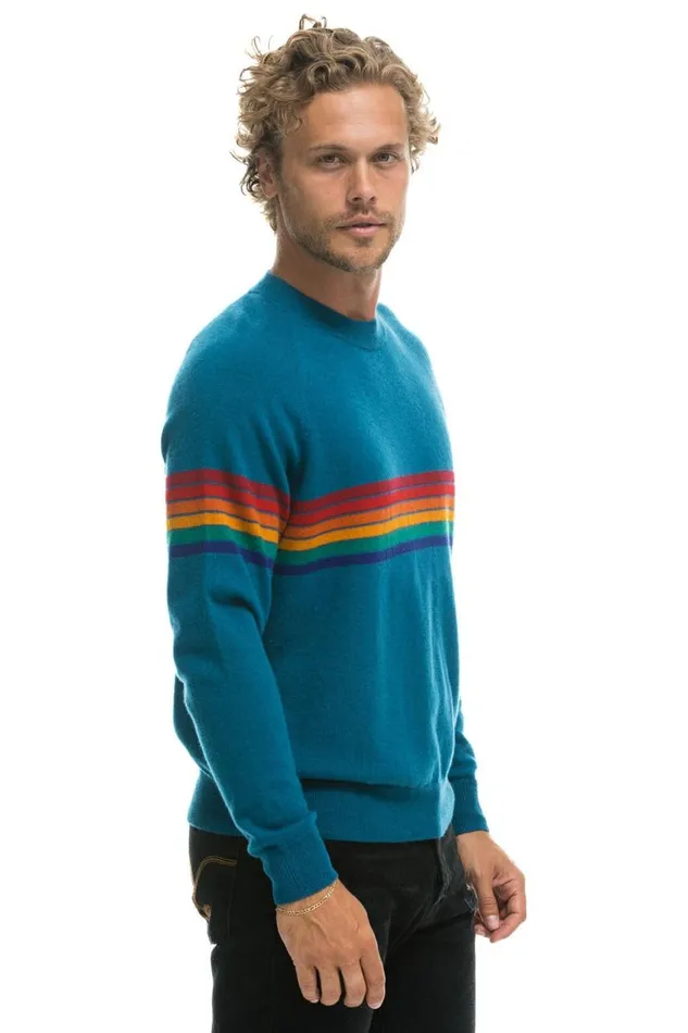 Men Sweatshirts Aviator Nation Rainbow Stripe 6 Unisex Light Cashmere Sweater 8211 Peacock