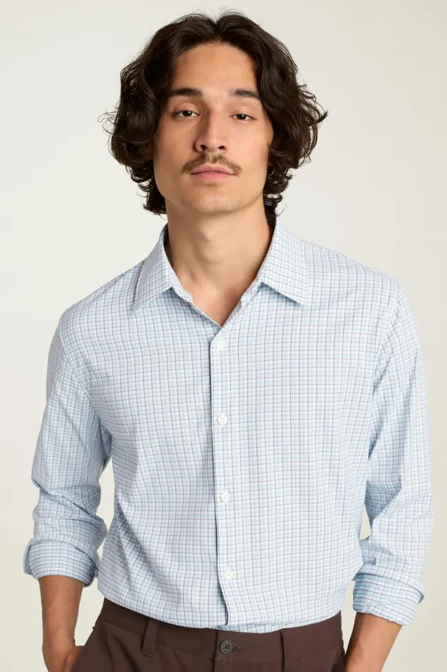 Men Tech Button Down Shirt Blue Jade Plaid Bonobos Casual Shirts