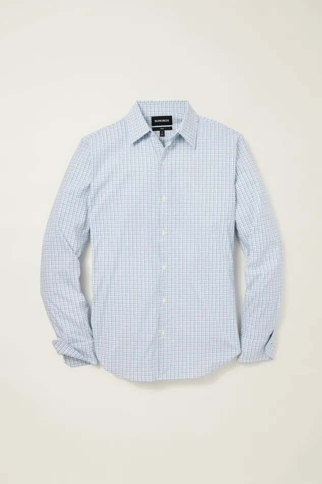 Men Tech Button Down Shirt Blue Jade Plaid Bonobos Casual Shirts