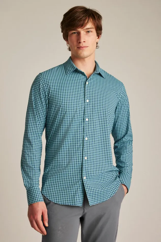 Men Tech Button Down Shirt Blue Navy Plaid Bonobos Casual Shirts