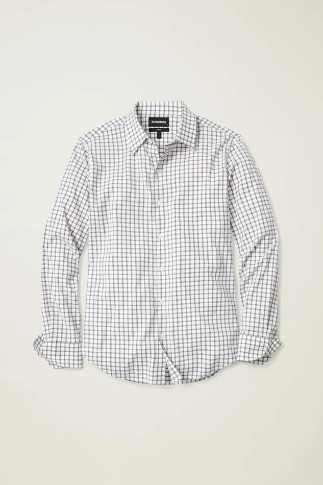 Men Tech Button Down Shirt Burgundy Zander Plaid Bonobos Casual Shirts