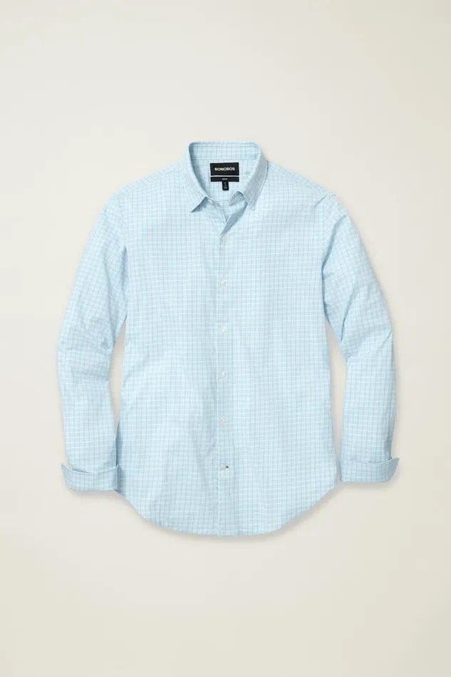 Men Tech Button Down Shirt Ice Blue Plaid Bonobos Casual Shirts