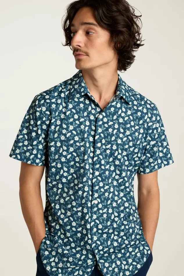 Men Tech Short Sleeve Shirt Blue Floral Branch Bonobos Short Sleeve Shirts
