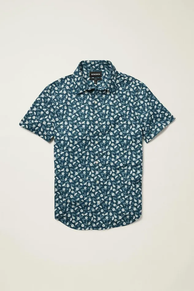 Men Tech Short Sleeve Shirt Blue Floral Branch Bonobos Short Sleeve Shirts