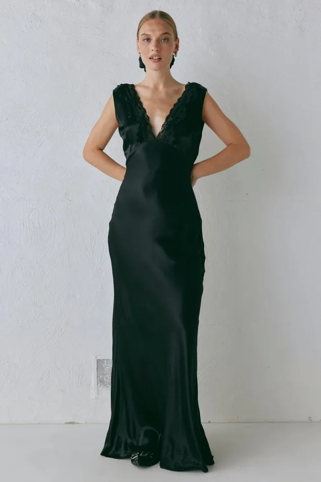 MidiMaxi Dresses Women VRG GRL Tully Satin Maxi Dress Black