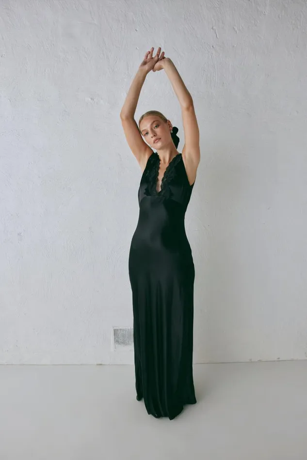 MidiMaxi Dresses Women VRG GRL Tully Satin Maxi Dress Black