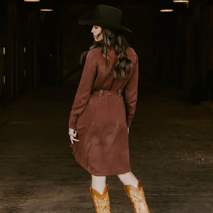 Midi Women Stetson Tobacco Tencel Western Dress Brown