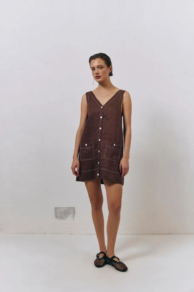 Mini Dresses Women VRG GRL Alice Linen Mini Dress Brown