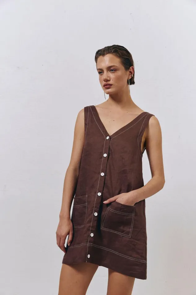 Mini Dresses Women VRG GRL Alice Linen Mini Dress Brown Mini Dresses Women VRG GRL Alice Linen Mini Dress Brown