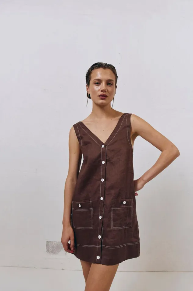 Mini Dresses Women VRG GRL Alice Linen Mini Dress Brown Mini Dresses Women VRG GRL Alice Linen Mini Dress Brown