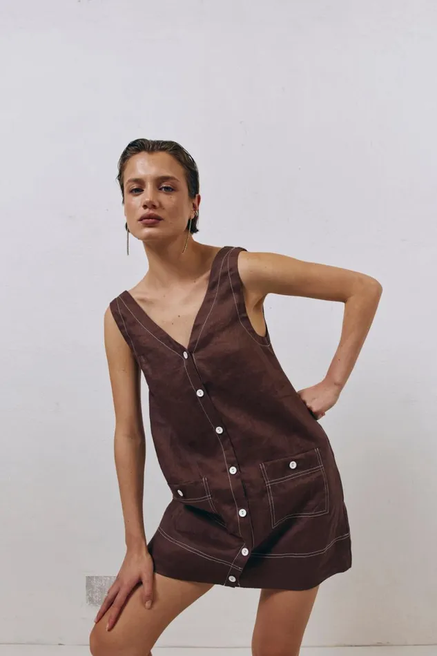 Mini Dresses Women VRG GRL Alice Linen Mini Dress Brown Mini Dresses Women VRG GRL Alice Linen Mini Dress Brown