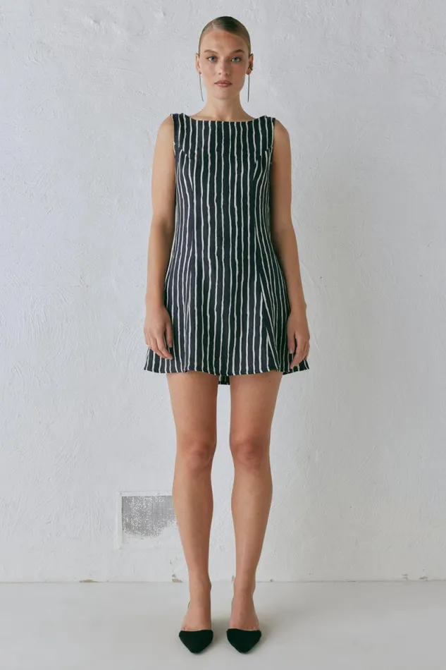 Mini Dresses Women VRG GRL Chloe Linen Mini Dress Black Stripe