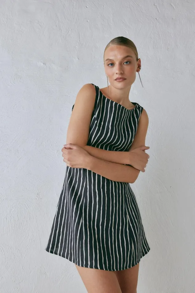 Mini Dresses Women VRG GRL Chloe Linen Mini Dress Black Stripe