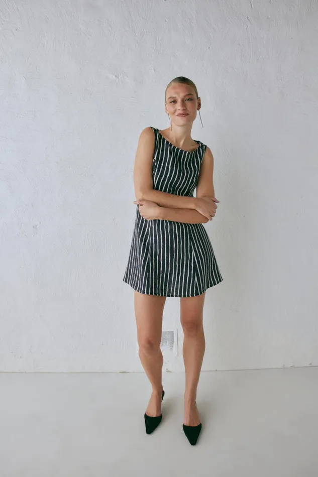 Mini Dresses Women VRG GRL Chloe Linen Mini Dress Black Stripe