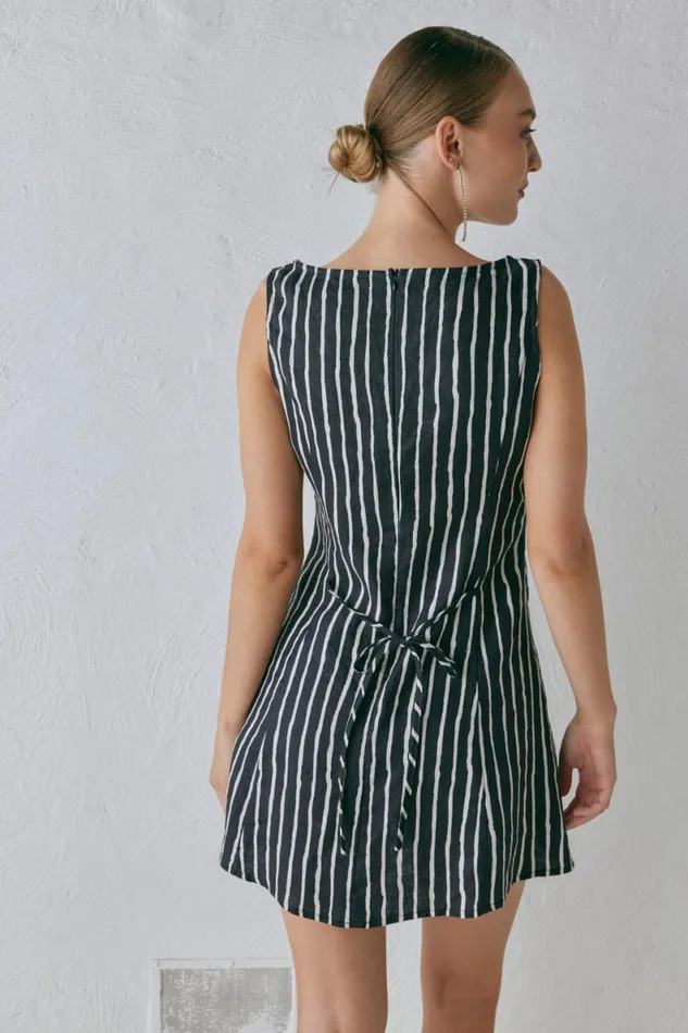 Mini Dresses Women VRG GRL Chloe Linen Mini Dress Black Stripe