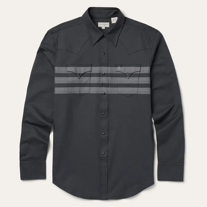 Modern Cut Men Stetson Border Stripe Twill Western Shirt Black