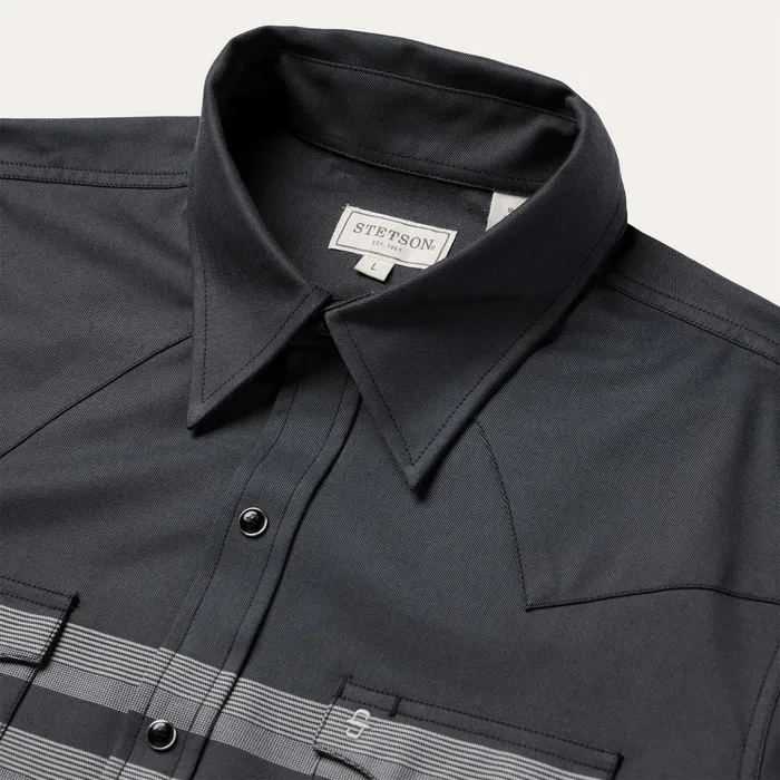 Modern Cut Men Stetson Border Stripe Twill Western Shirt Black