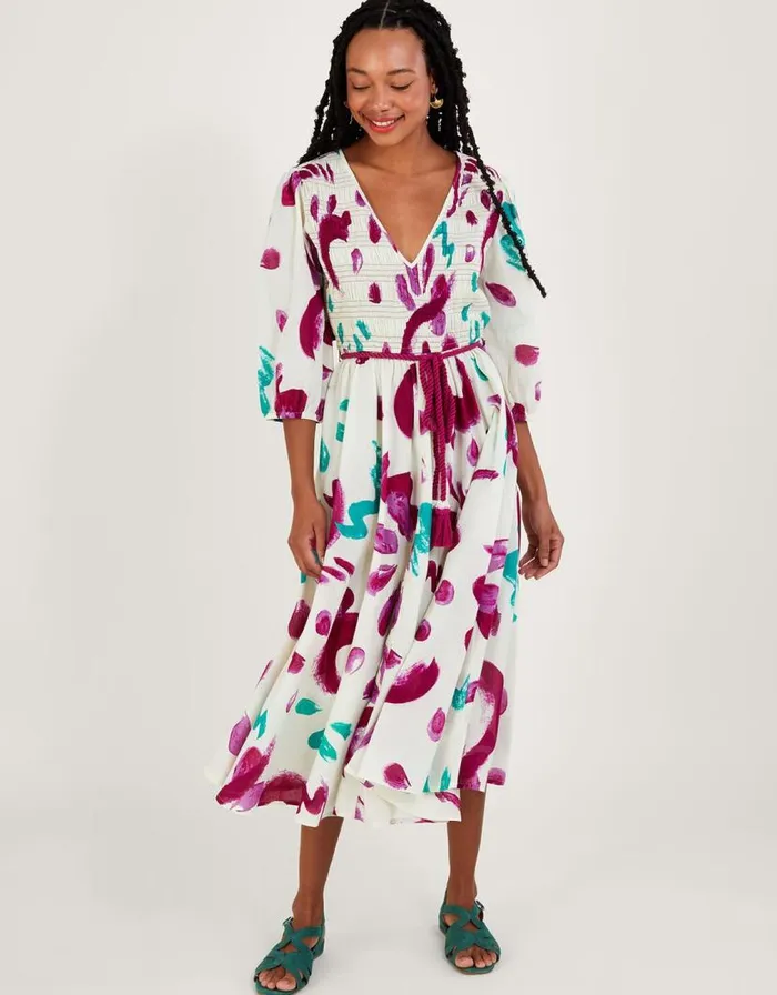 Monsoon Abstract Brushstroke Print Shirred Midi Dress In Sustainable Cotton Ivory Women Beachwear and Swimwear