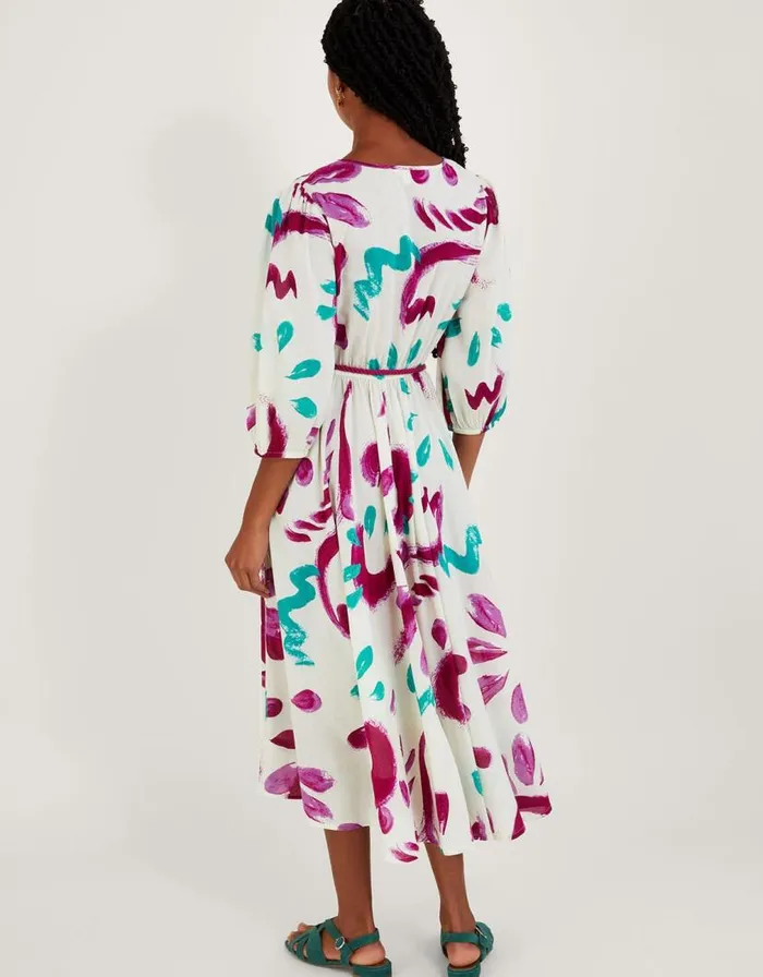 Monsoon Abstract Brushstroke Print Shirred Midi Dress In Sustainable Cotton Ivory Women Beachwear and Swimwear Monsoon Abstract Brushstroke Print Shirred Midi Dress In Sustainable Cotton Ivory Women Beachwear and Swimwear