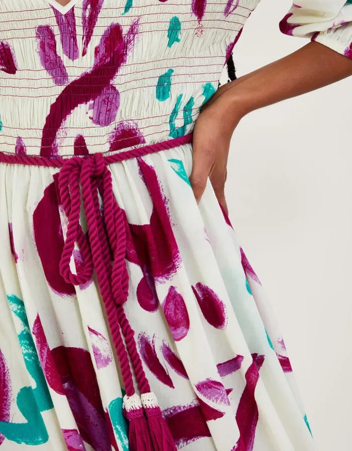 Monsoon Abstract Brushstroke Print Shirred Midi Dress In Sustainable Cotton Ivory Women Beachwear and Swimwear Monsoon Abstract Brushstroke Print Shirred Midi Dress In Sustainable Cotton Ivory Women Beachwear and Swimwear
