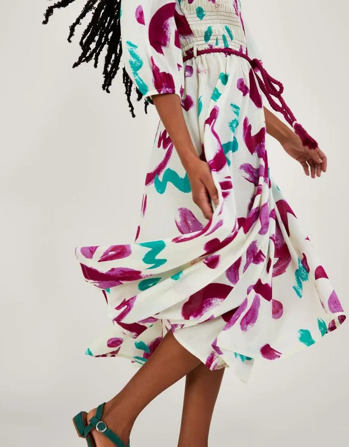 Monsoon Abstract Brushstroke Print Shirred Midi Dress In Sustainable Cotton Ivory Women Beachwear and Swimwear Monsoon Abstract Brushstroke Print Shirred Midi Dress In Sustainable Cotton Ivory Women Beachwear and Swimwear