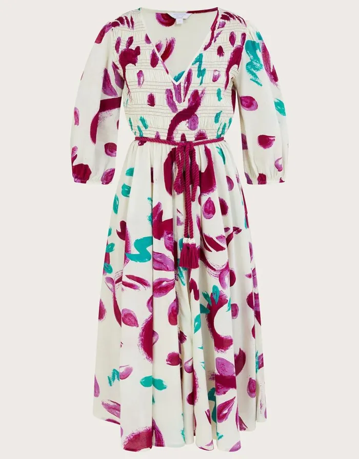 Monsoon Abstract Brushstroke Print Shirred Midi Dress In Sustainable Cotton Ivory Women Beachwear and Swimwear Monsoon Abstract Brushstroke Print Shirred Midi Dress In Sustainable Cotton Ivory Women Beachwear and Swimwear