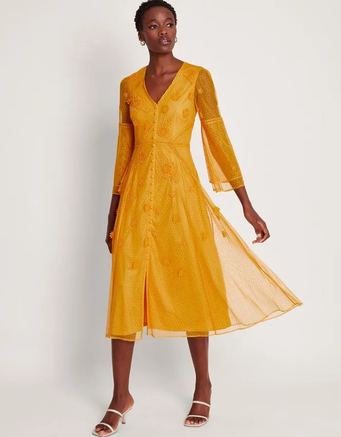 Monsoon Alba Embroidered Tea Dress Yellow Women Occasionwear