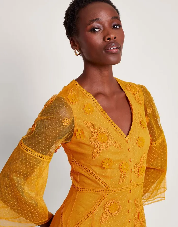 Monsoon Alba Embroidered Tea Dress Yellow Women Occasionwear Monsoon Alba Embroidered Tea Dress Yellow Women Occasionwear
