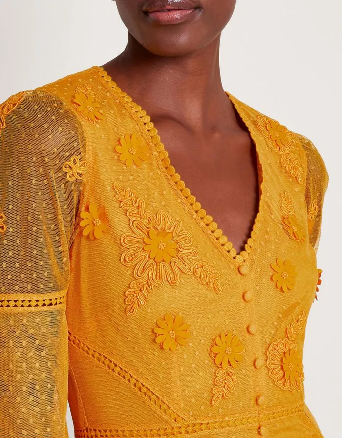 Monsoon Alba Embroidered Tea Dress Yellow Women Occasionwear Monsoon Alba Embroidered Tea Dress Yellow Women Occasionwear