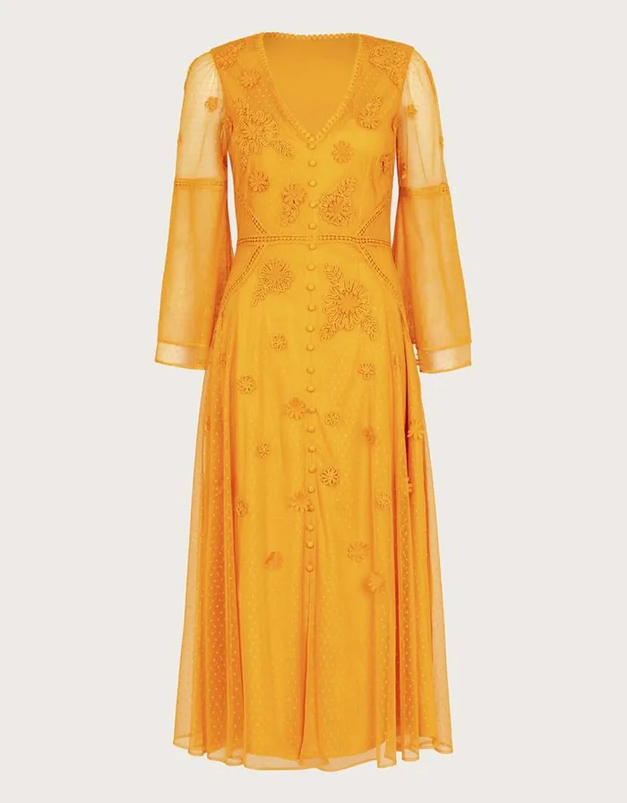 Monsoon Alba Embroidered Tea Dress Yellow Women Occasionwear Monsoon Alba Embroidered Tea Dress Yellow Women Occasionwear