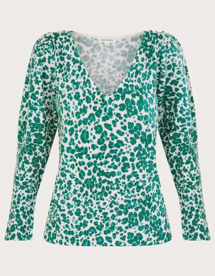 Monsoon Animal Print VNeck Jumper With Recycled Polyester Green Women Knitwear Monsoon Animal Print VNeck Jumper With Recycled Polyester Green Women Knitwear