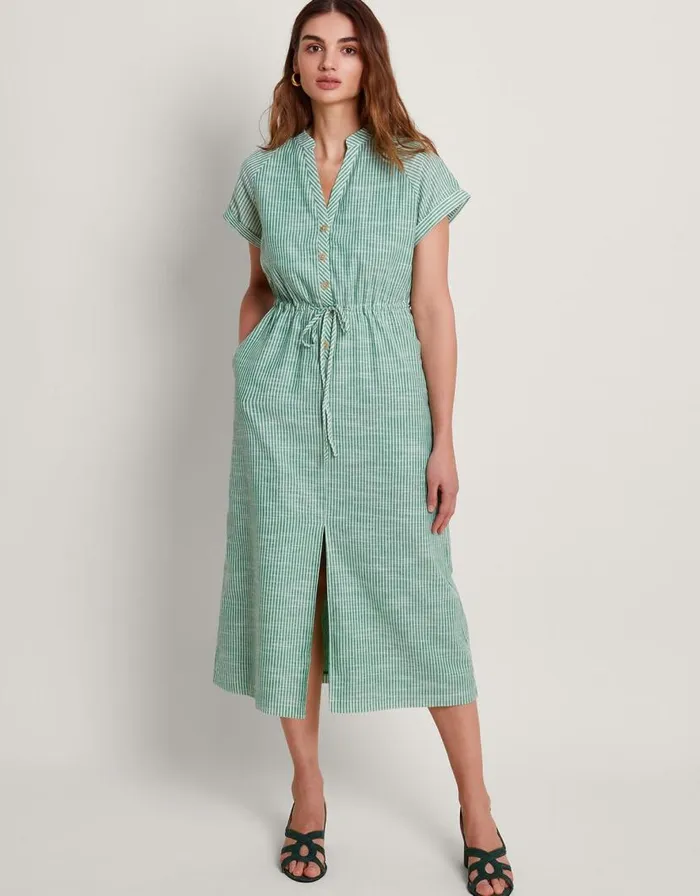 Monsoon Athena Stripe Dress Green Women Casualwear