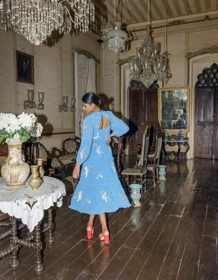 Monsoon Belle Tiered Dress In Recycled Polyester Blue Women Occasionwear