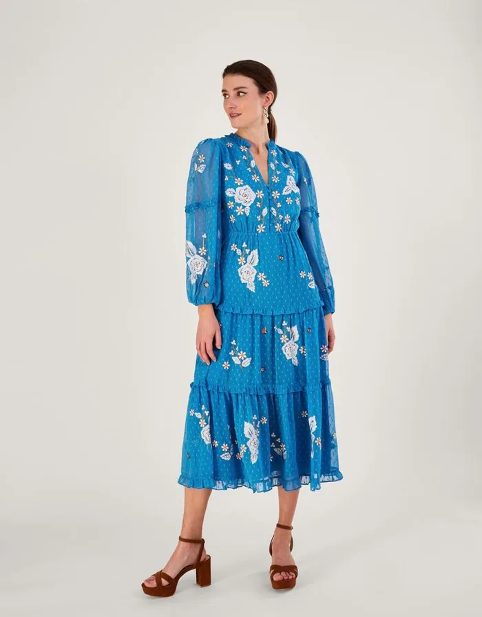 Monsoon Belle Tiered Dress In Recycled Polyester Blue Women Occasionwear Monsoon Belle Tiered Dress In Recycled Polyester Blue Women Occasionwear