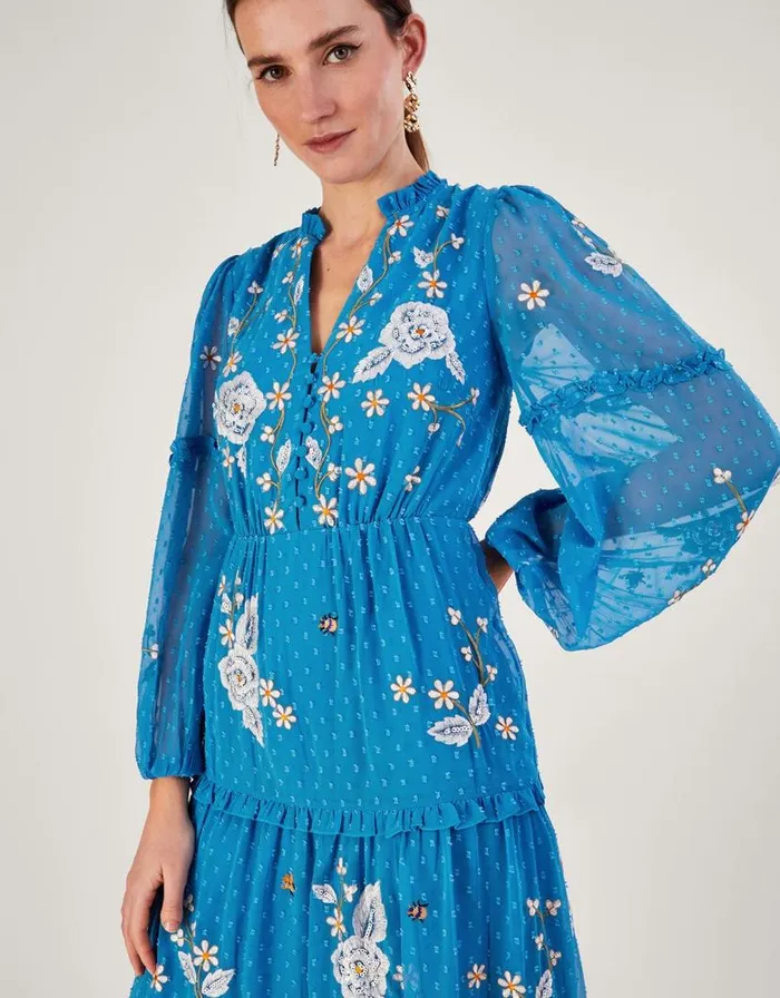 Monsoon Belle Tiered Dress In Recycled Polyester Blue Women Occasionwear Monsoon Belle Tiered Dress In Recycled Polyester Blue Women Occasionwear