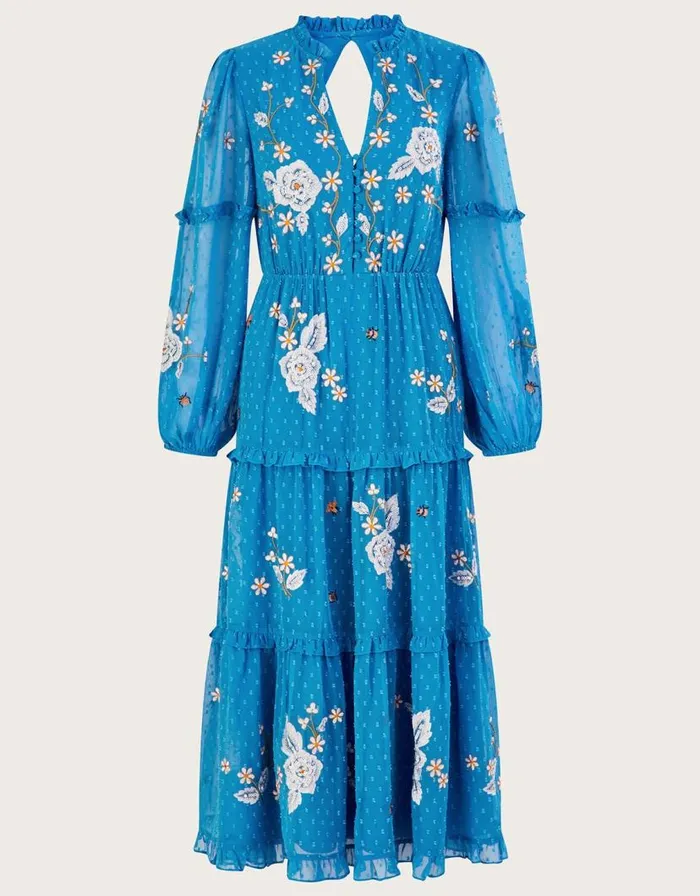 Monsoon Belle Tiered Dress In Recycled Polyester Blue Women Occasionwear Monsoon Belle Tiered Dress In Recycled Polyester Blue Women Occasionwear