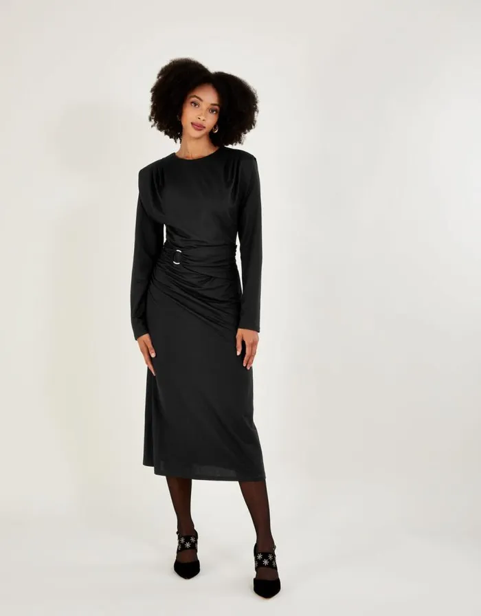 Monsoon Belted Ring Detail Jersey Dress Black Women Midi Dresses