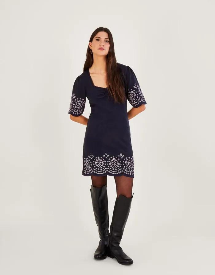 Monsoon Broderie Angel Sleeve Short Dress In Sustainable Cotton Blue Women Knitwear