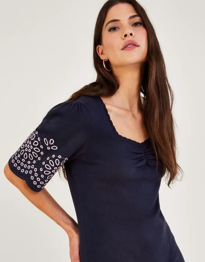 Monsoon Broderie Angel Sleeve Short Dress In Sustainable Cotton Blue Women Knitwear Monsoon Broderie Angel Sleeve Short Dress In Sustainable Cotton Blue Women Knitwear