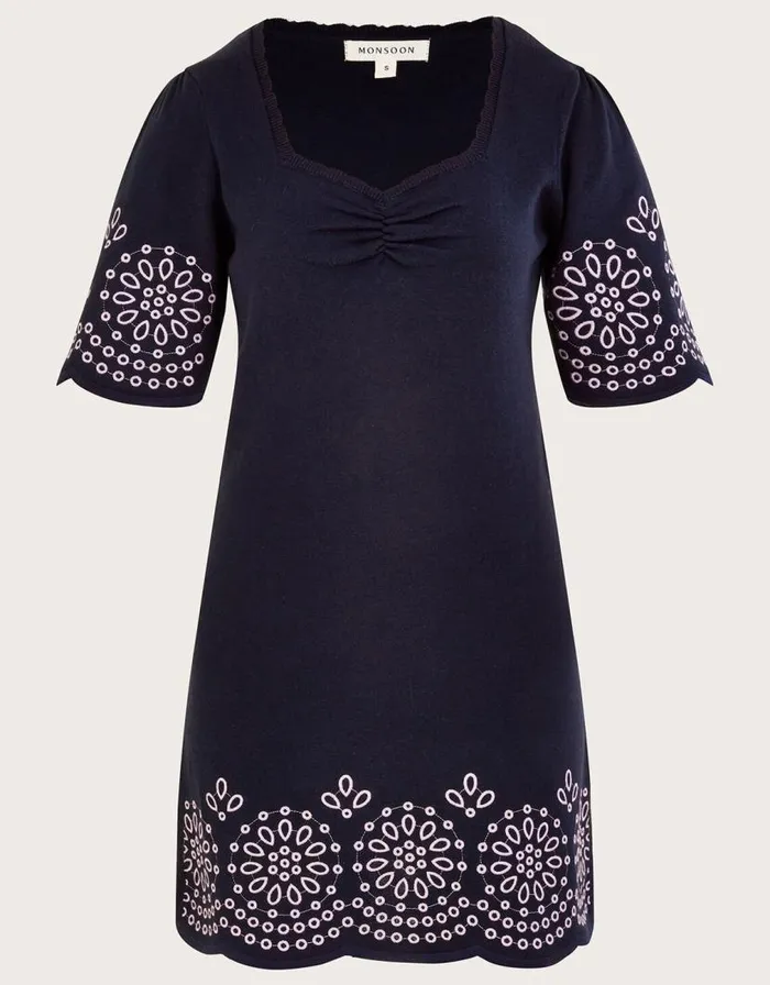 Monsoon Broderie Angel Sleeve Short Dress In Sustainable Cotton Blue Women Knitwear Monsoon Broderie Angel Sleeve Short Dress In Sustainable Cotton Blue Women Knitwear