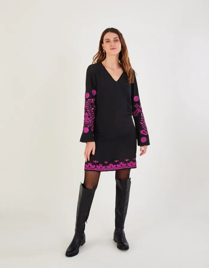 Monsoon Christina Embroidered Tunic Dress Black Women Embroidered Dresses
