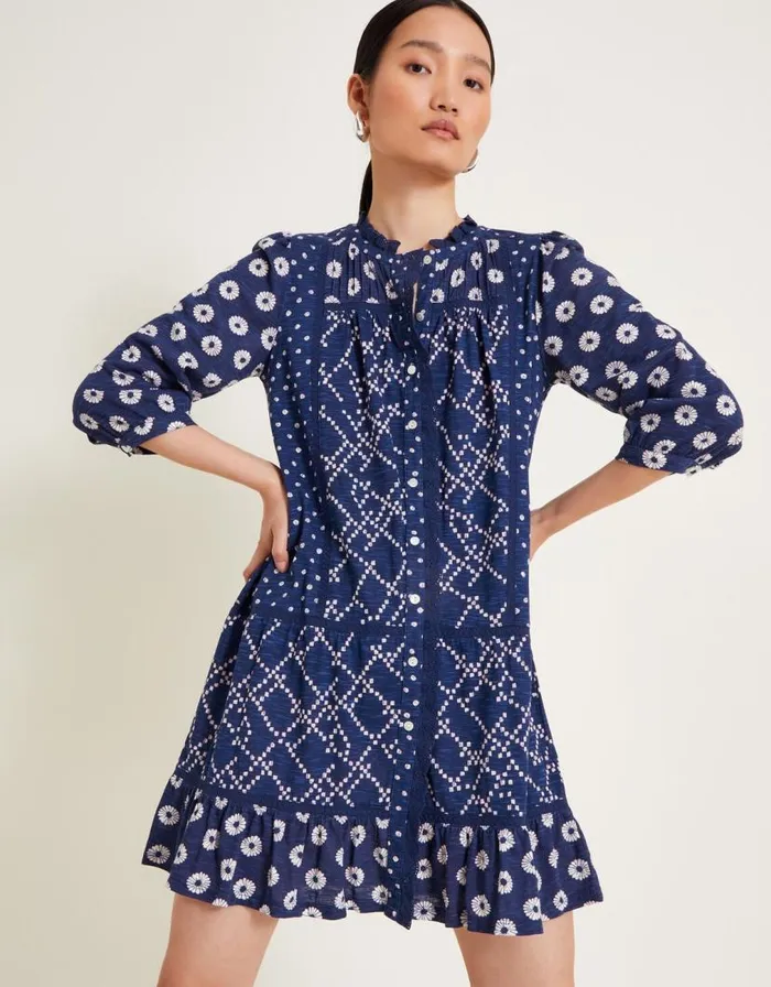 Monsoon Cindy Print Jersey Dress Blue Women Midi Dresses