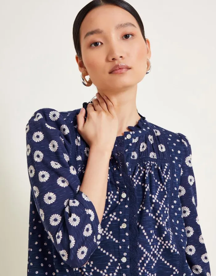 Monsoon Cindy Print Jersey Dress Blue Women Midi Dresses Monsoon Cindy Print Jersey Dress Blue Women Midi Dresses